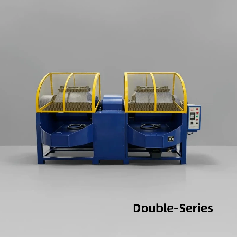 WEYTRUST double barrel tumbling machine with yellow safety mesh guard for operator protection