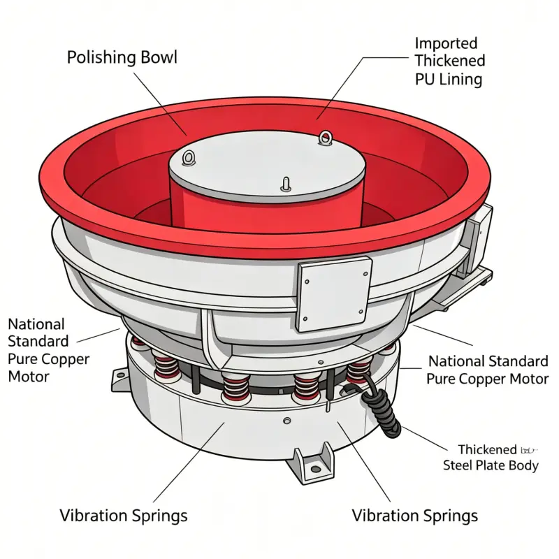 Weytrust vibratory polishing machine cutaway view showing internal structure, thickened steel body, PU lining, pure copper motor and shock-absorbing springs