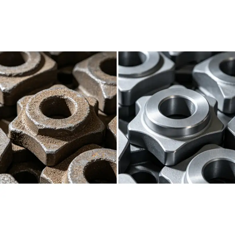 Before and after effect of cast iron forged steel parts edge rounding processed by brown fused alumina abrasive media