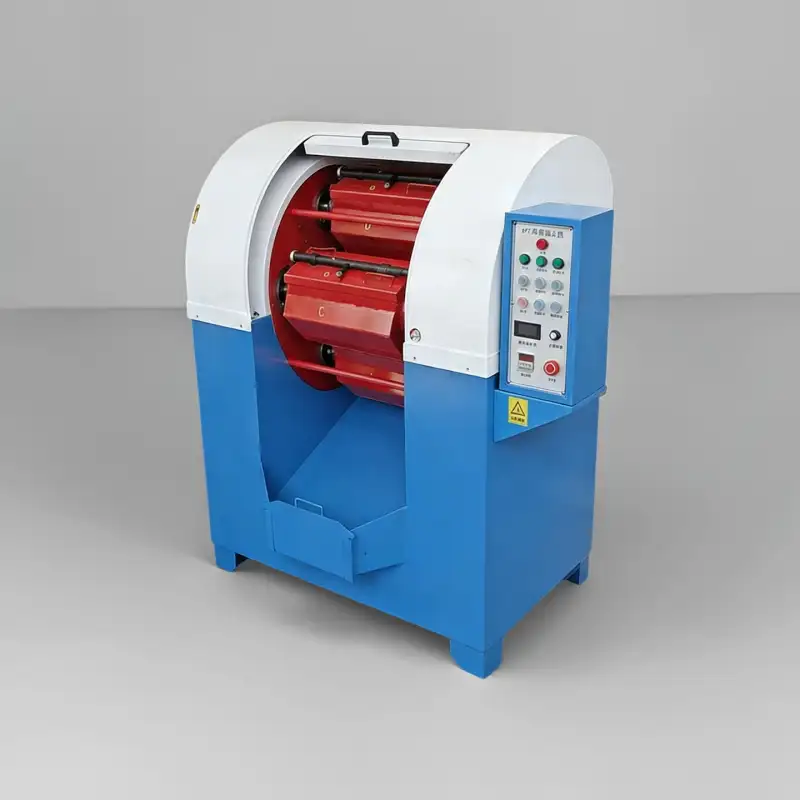 weytrust- Blue-white centrifugal barrel polishing machine with red drums exposed